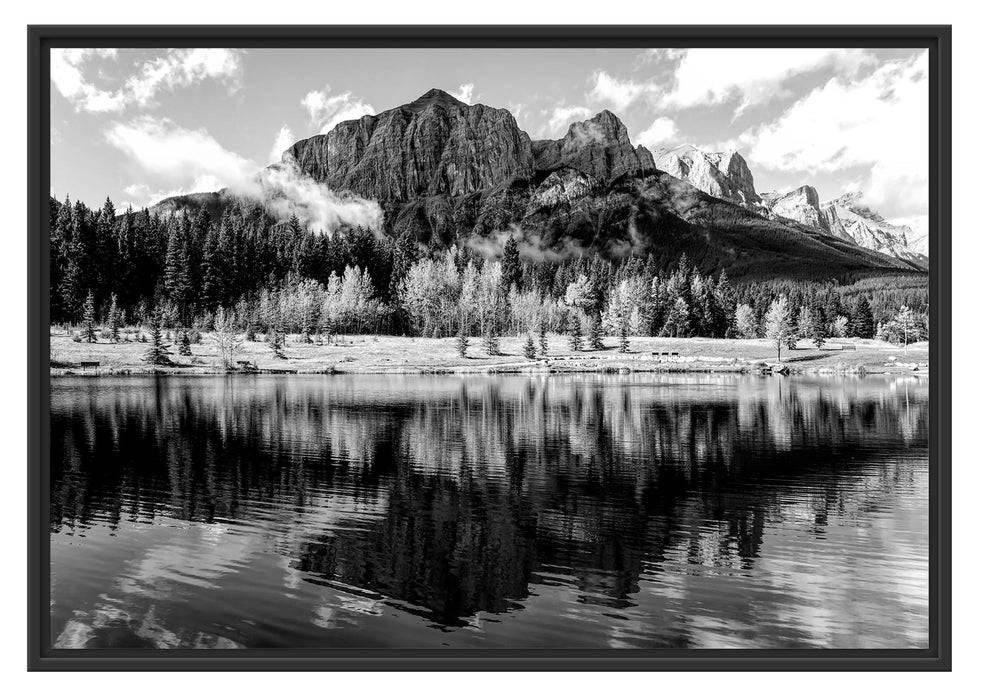 Pixxprint Kanadischer Herbstwald und Berge am See, Monochrome, im Schwebe-Effekt Bilderrahmen Verkauf