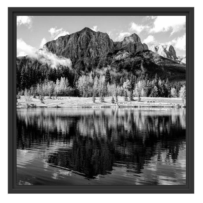 Pixxprint Kanadischer Herbstwald und Berge am See, Monochrome, im Schwebe-Effekt Bilderrahmen Verkauf