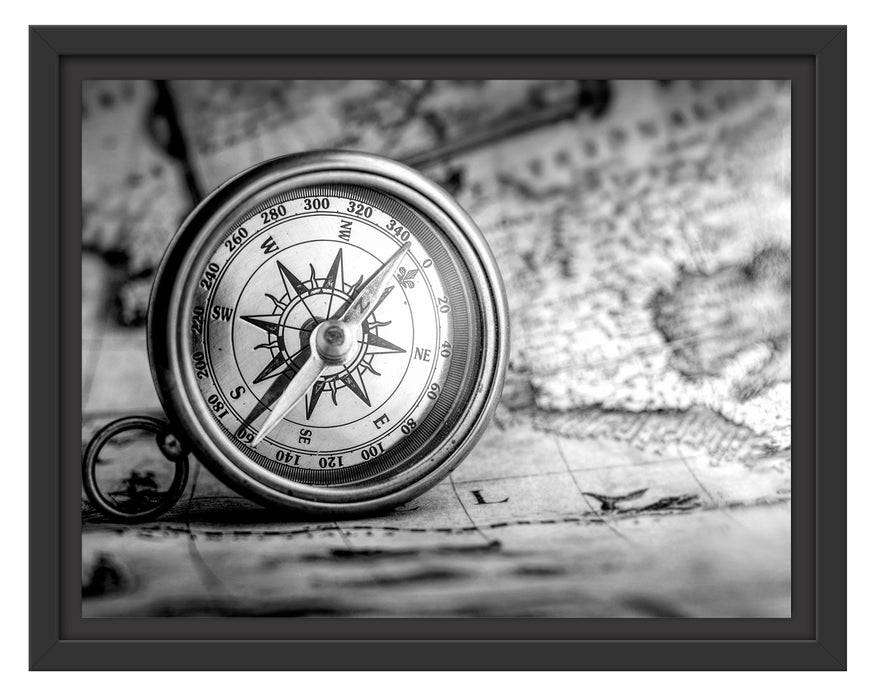 Pixxprint Alter Kompass auf Weltkarte, Monochrome, im Schwebe-Effekt Bilderrahmen Angebote