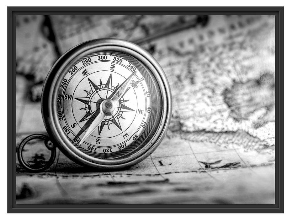 Pixxprint Alter Kompass auf Weltkarte, Monochrome, im Schwebe-Effekt Bilderrahmen Angebote