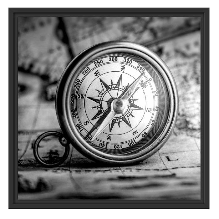 Pixxprint Alter Kompass auf Weltkarte, Monochrome, im Schwebe-Effekt Bilderrahmen Angebote
