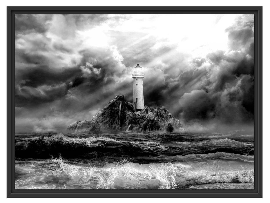 Pixxprint Sonnenstrahlen auf Leuchtturm im Sturm, Monochrome, im Schwebe-Effekt Bilderrahmen im Angebot