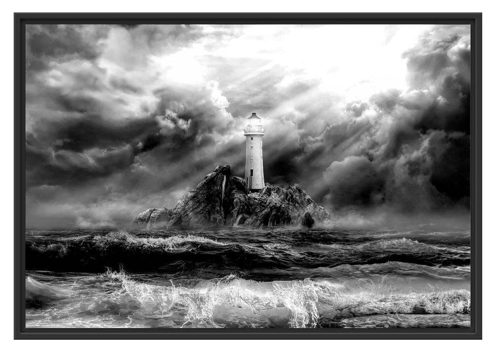 Pixxprint Sonnenstrahlen auf Leuchtturm im Sturm, Monochrome, im Schwebe-Effekt Bilderrahmen im Angebot