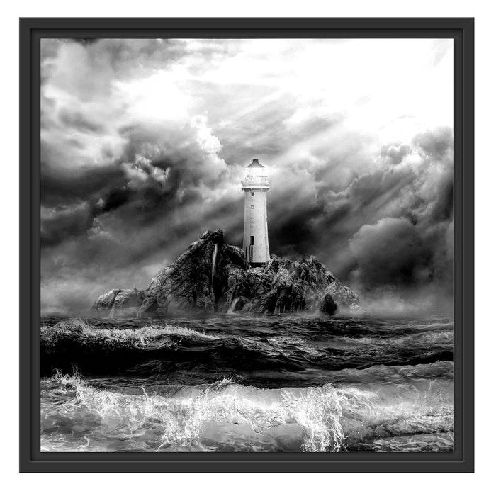 Pixxprint Sonnenstrahlen auf Leuchtturm im Sturm, Monochrome, im Schwebe-Effekt Bilderrahmen im Angebot