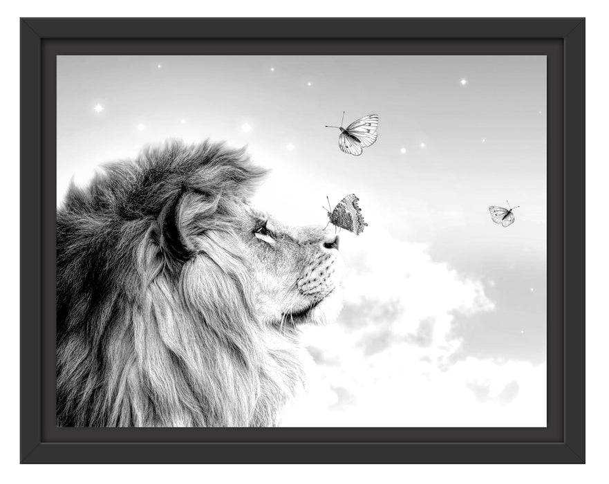 Pixxprint Löwe mit blauen Schmetterlingen, Monochrome, im Schwebe-Effekt Bilderrahmen