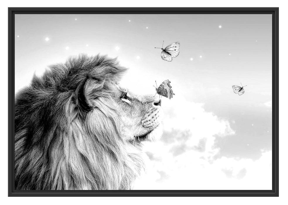 Pixxprint Löwe mit blauen Schmetterlingen, Monochrome, im Schwebe-Effekt Bilderrahmen Meist gekauft