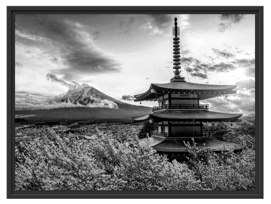 Pixxprint Japanischer Tempel zwischen Kirschblüten, Monochrome, im Schwebe-Effekt Bilderrahmen Limitierter Zeitrabatt