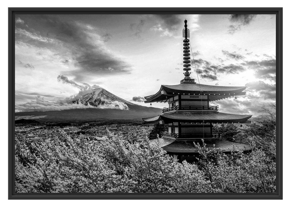 Pixxprint Japanischer Tempel zwischen Kirschblüten, Monochrome, im Schwebe-Effekt Bilderrahmen Limitierter Zeitrabatt