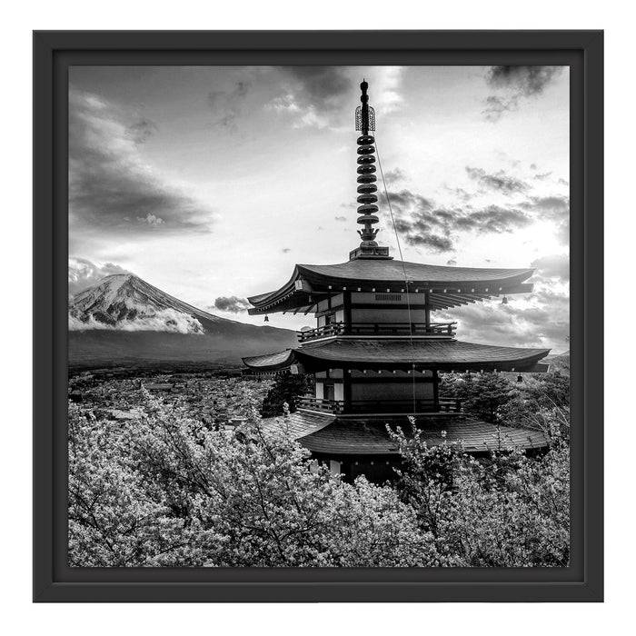 Pixxprint Japanischer Tempel zwischen Kirschblüten, Monochrome, im Schwebe-Effekt Bilderrahmen Limitierter Zeitrabatt