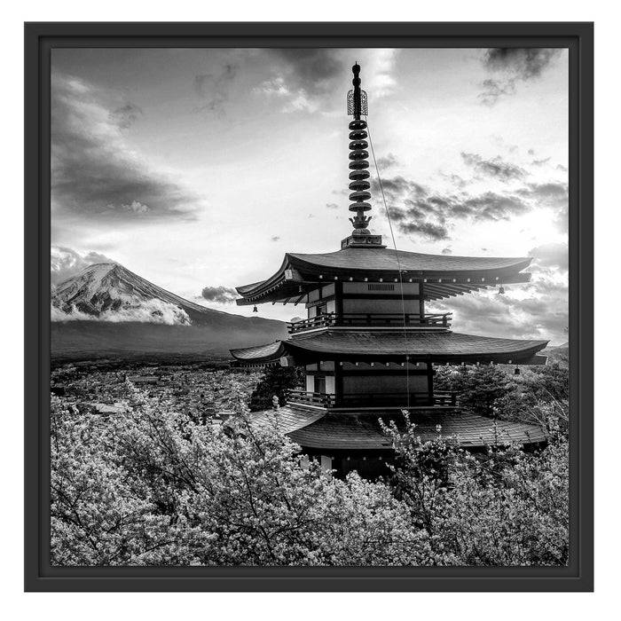Pixxprint Japanischer Tempel zwischen Kirschblüten, Monochrome, im Schwebe-Effekt Bilderrahmen Limitierter Zeitrabatt