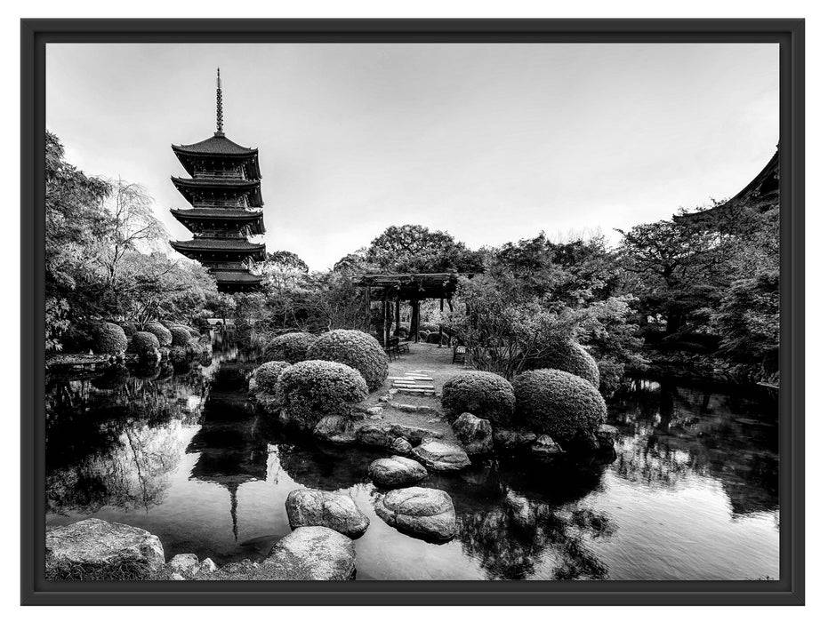 Pixxprint See im Herbst vor japanischem Tempel, Monochrome, im Schwebe-Effekt Bilderrahmen Sonderangebot