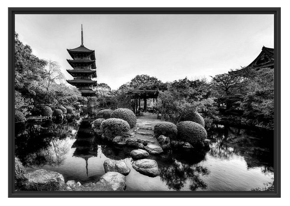 Pixxprint See im Herbst vor japanischem Tempel, Monochrome, im Schwebe-Effekt Bilderrahmen Sonderangebot
