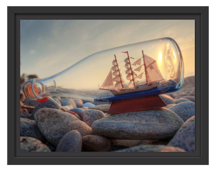 Pixxprint Flasche mit Schiff, im Schwebe-Effekt Bilderrahmen Räumungsverkauf