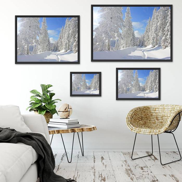 Pixxprint Winterlandschaft Bäume, im Schwebe-Effekt Bilderrahmen Letzter Tag