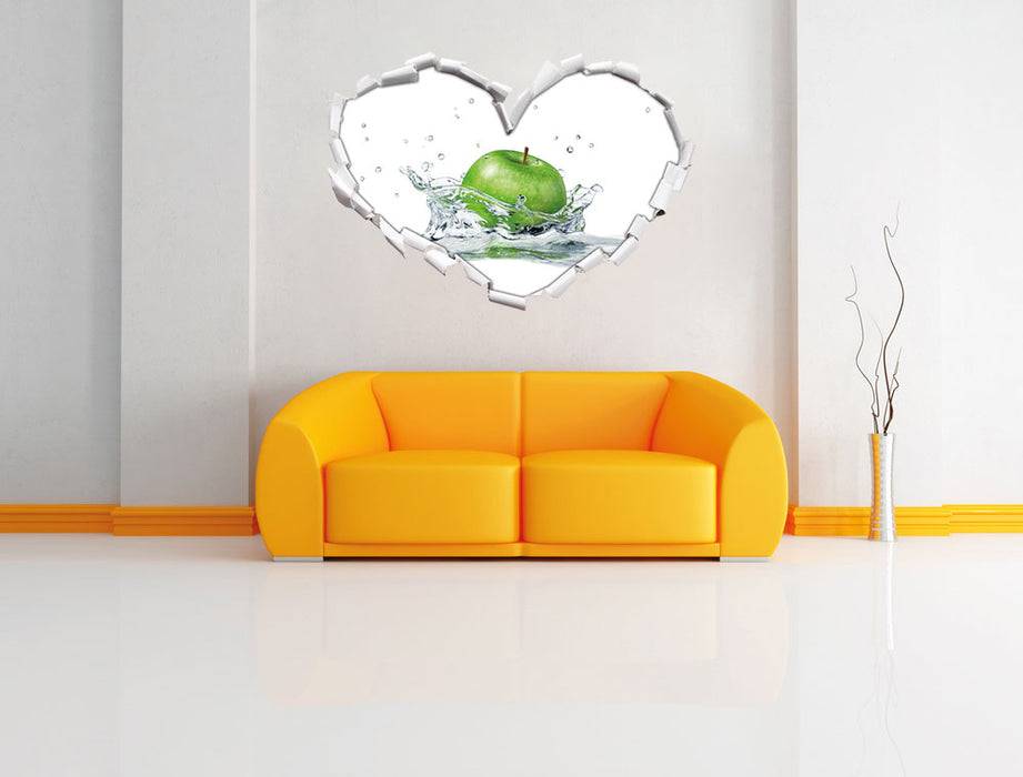 Pixxprint Grüner Apfel fällt in Wasser, 3D Wandtattoo Saisonschlussverkauf