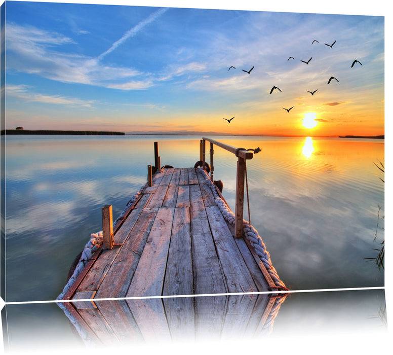 Pixxprint Steg mit Möwen bei Sonnenuntergang, Leinwandbild Letzter Tag
