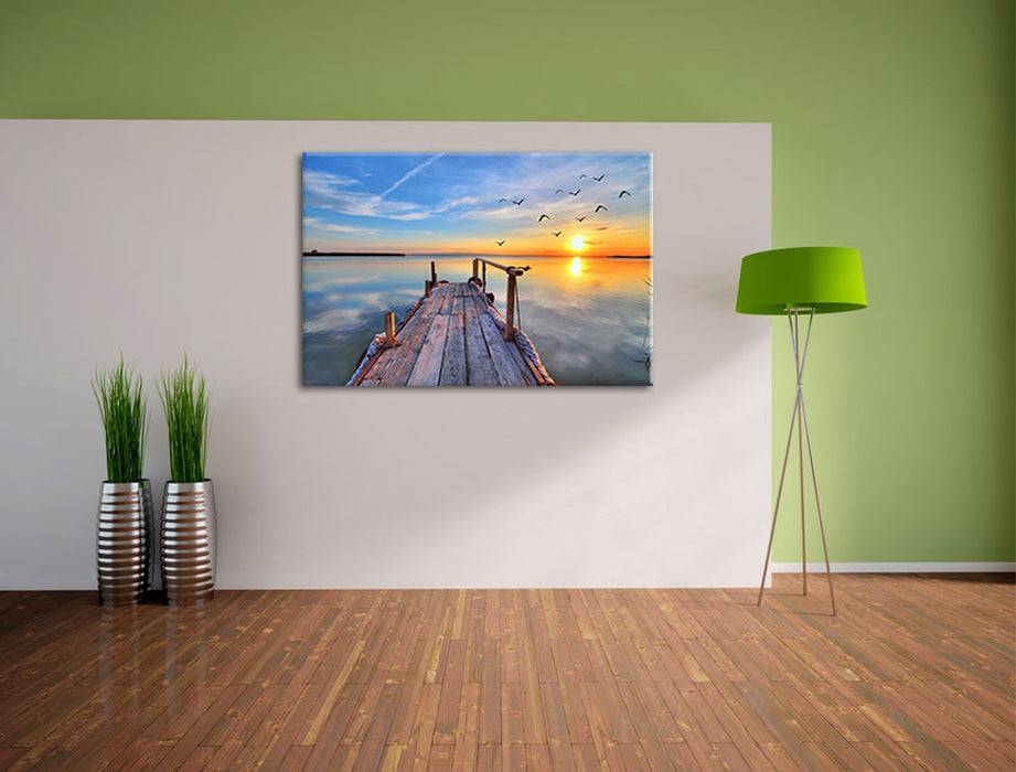 Pixxprint Steg mit Möwen bei Sonnenuntergang, Leinwandbild Letzter Tag