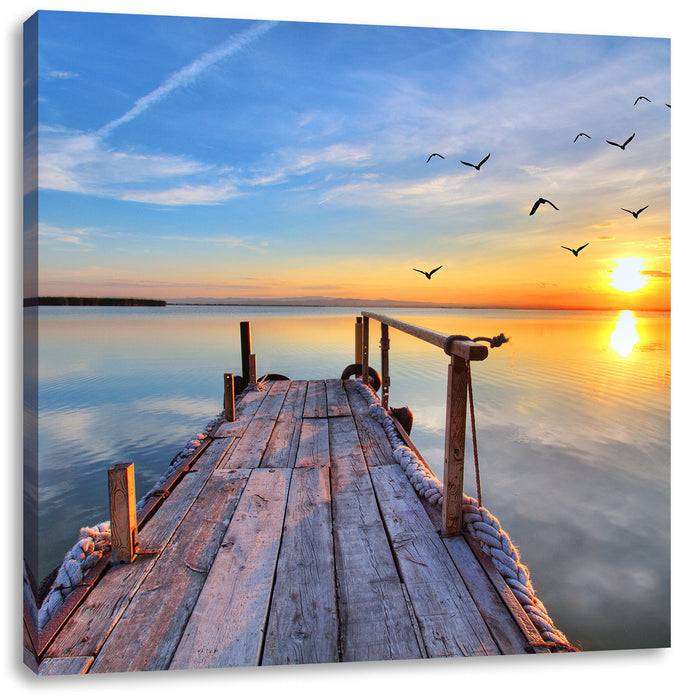 Pixxprint Steg mit Möwen bei Sonnenuntergang, Leinwandbild Letzter Tag