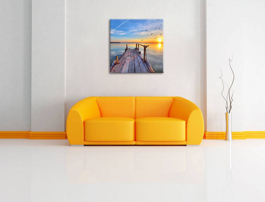 Pixxprint Steg mit Möwen bei Sonnenuntergang, Leinwandbild Letzter Tag
