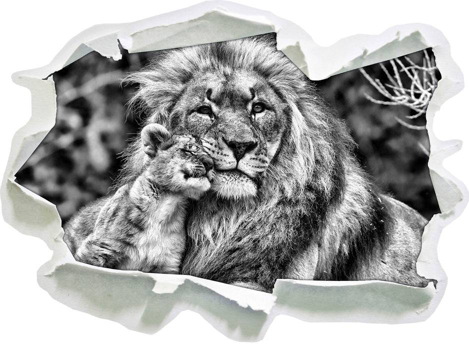 Pixxprint schöner Löwe mit Jungtier B&W, 3D Wandtattoo Speichern exportieren