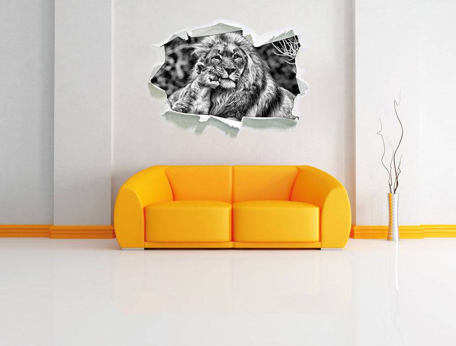 Pixxprint schöner Löwe mit Jungtier B&W, 3D Wandtattoo Speichern exportieren