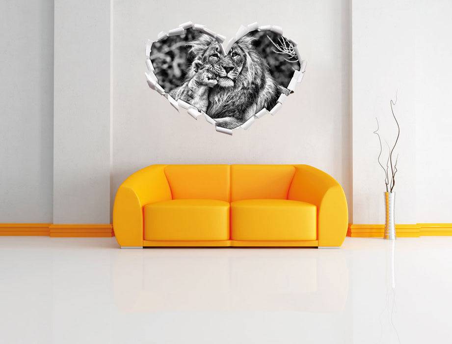 Pixxprint schöner Löwe mit Jungtier B&W, 3D Wandtattoo Speichern exportieren