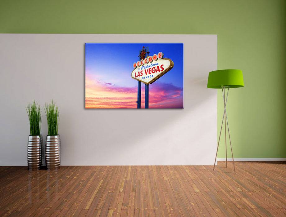 Pixxprint Las Vegas Schild in der Dämmerung, Leinwandbild Fabrikpreis