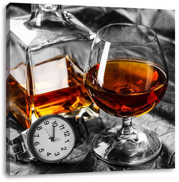 Pixxprint Man Things mit Whiskey und Uhr, Leinwandbild Sonderangebote