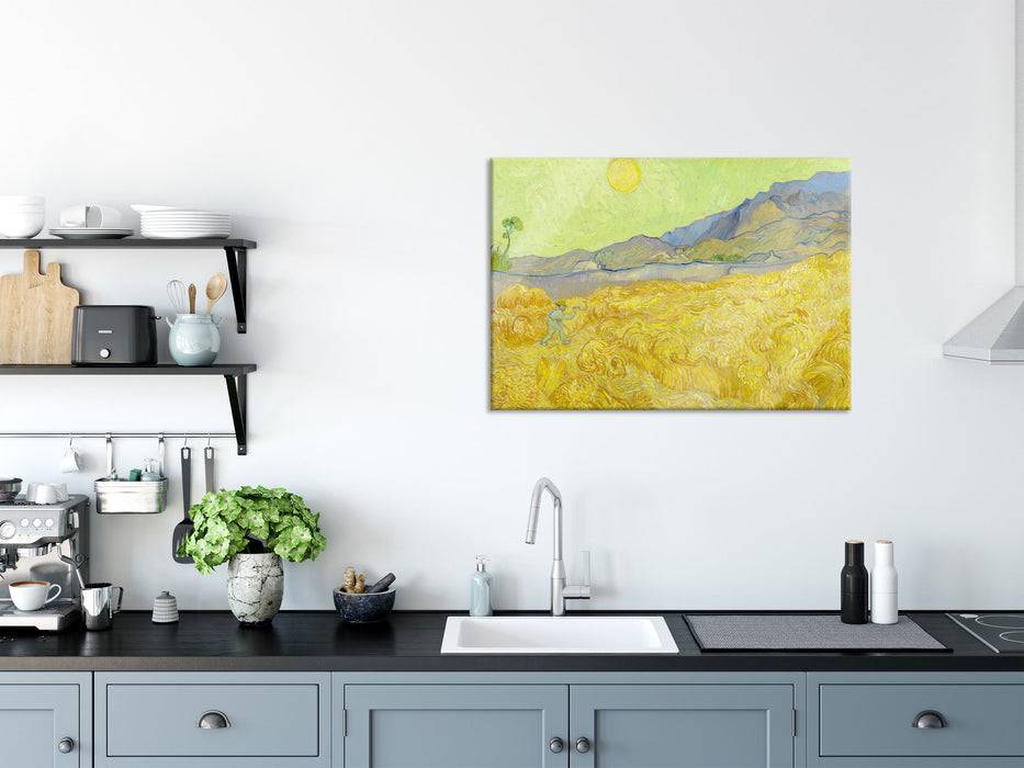 Pixxprint Vincent Van Gogh - Weizenfeld mit Mäher , Glasbild Zeitbegrenzte Promotion