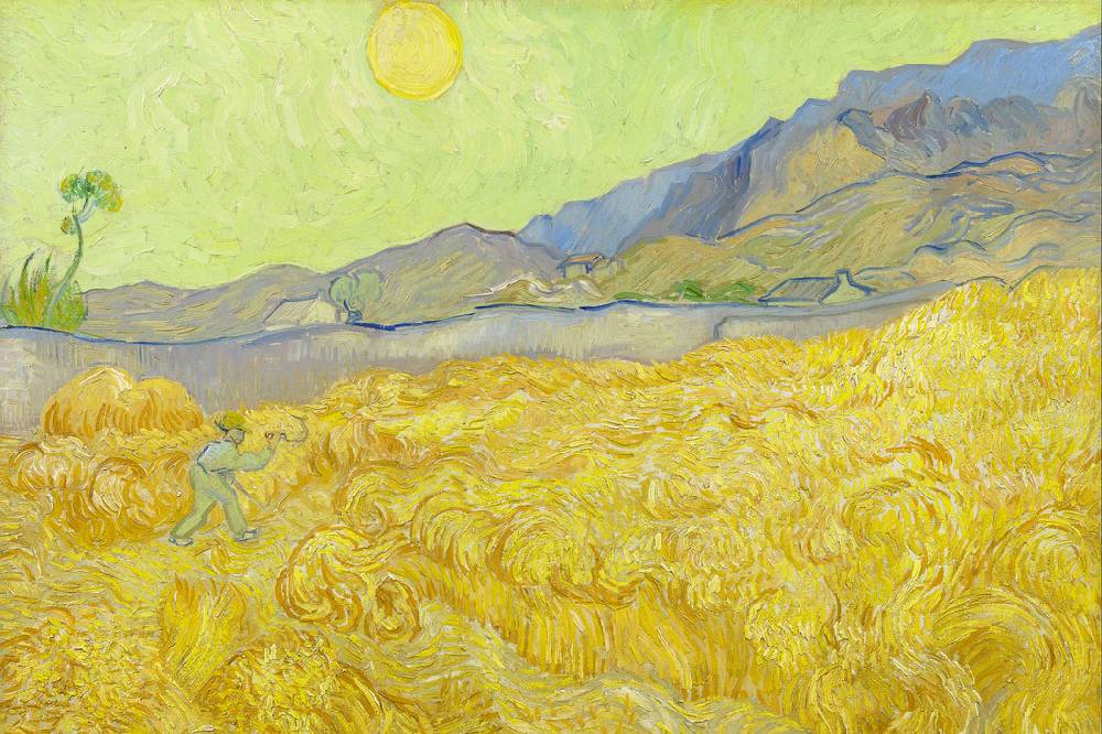 Pixxprint Vincent Van Gogh - Weizenfeld mit Mäher , Glasbild Zeitbegrenzte Promotion