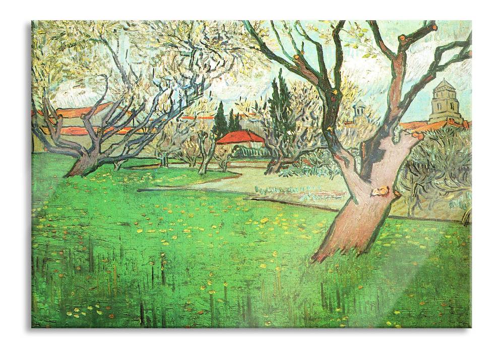 Pixxprint Vincent Van Gogh - Blühende Obstgärten Blick auf Arles, Glasbild