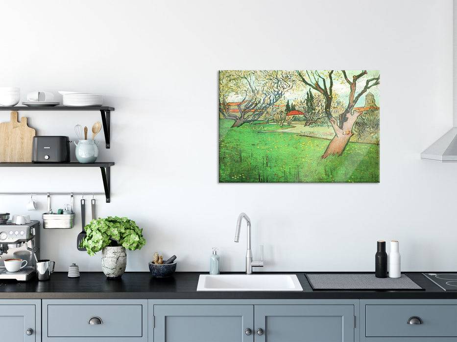 Pixxprint Vincent Van Gogh - Blühende Obstgärten Blick auf Arles, Glasbild Nur für heute