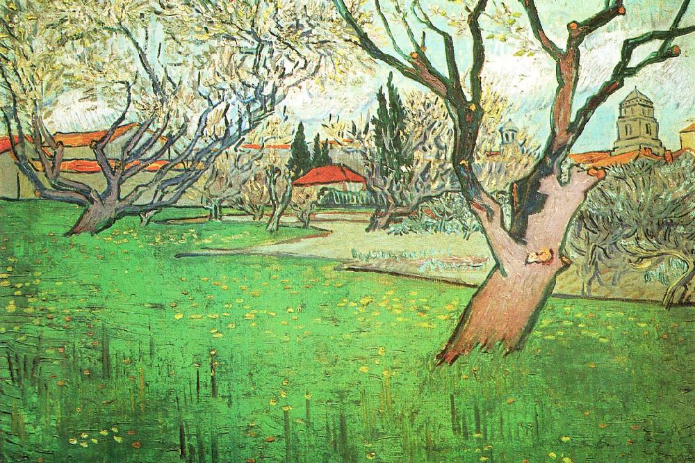 Pixxprint Vincent Van Gogh - Blühende Obstgärten Blick auf Arles, Glasbild Nur für heute