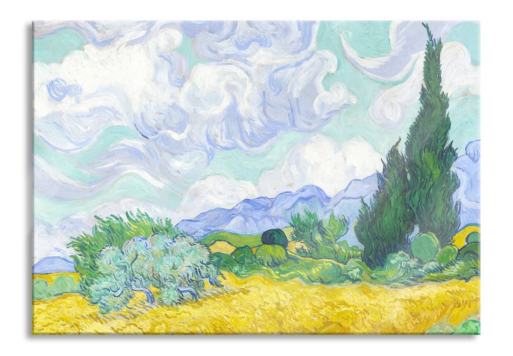 Pixxprint Vincent Van Gogh - Weizenfeld mit Zypressen , Glasbild Riesige Rabatte