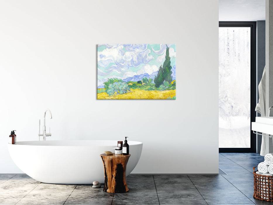 Pixxprint Vincent Van Gogh - Weizenfeld mit Zypressen , Glasbild Riesige Rabatte