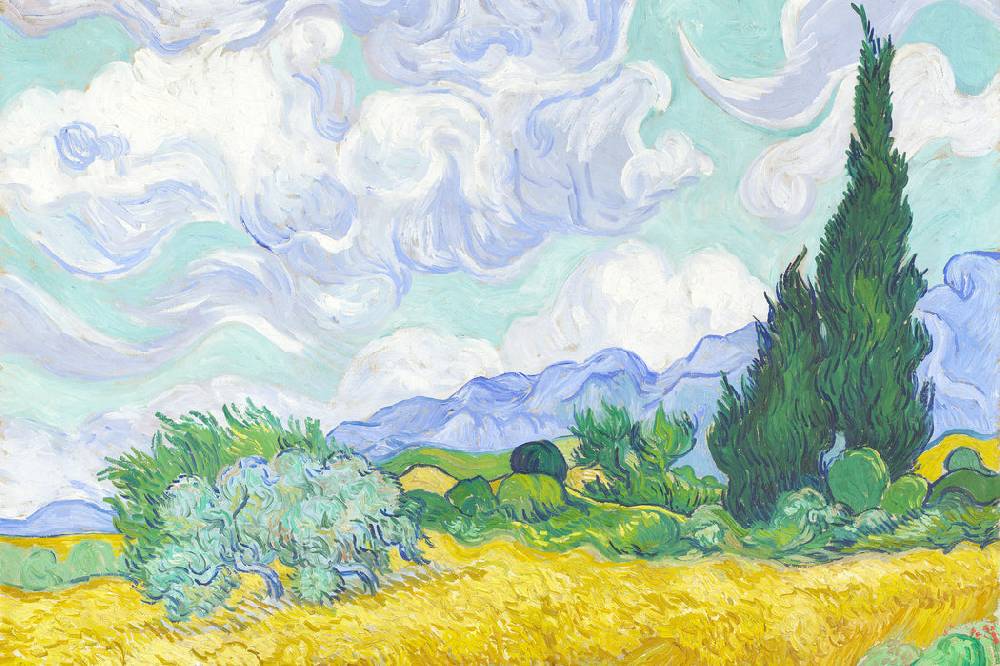 Pixxprint Vincent Van Gogh - Weizenfeld mit Zypressen , Glasbild Riesige Rabatte