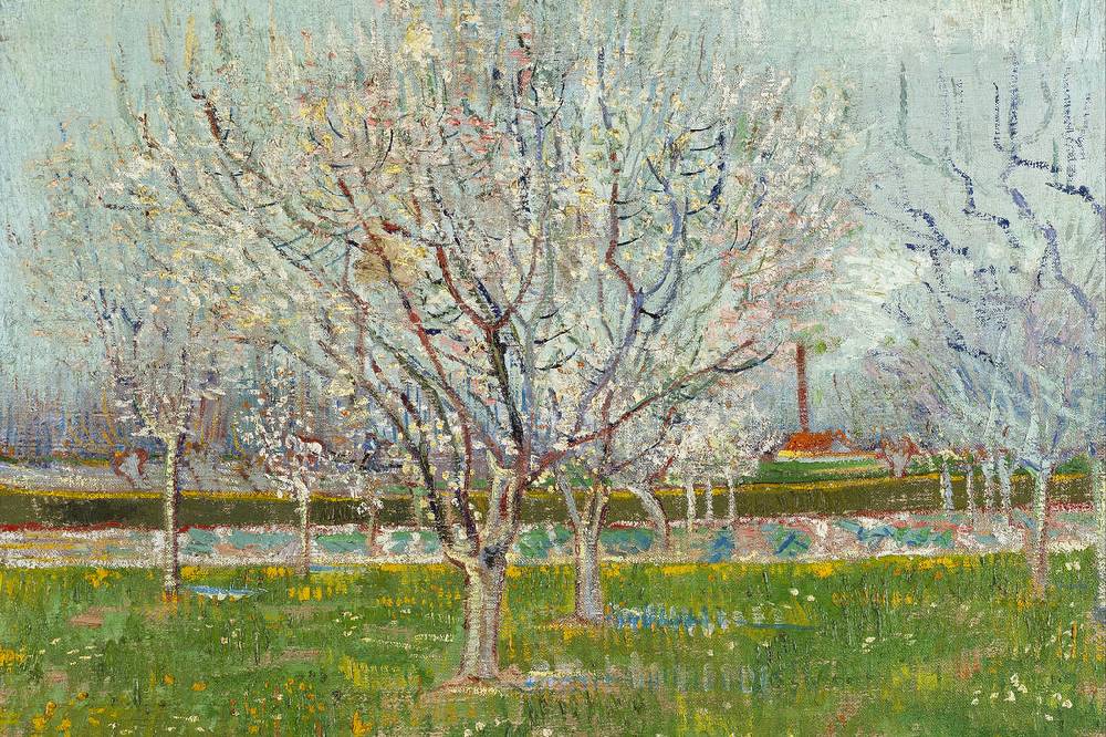 Pixxprint Vincent Van Gogh - Blühender Obstgarten Pflaumenbaum , Glasbild Speichern exportieren