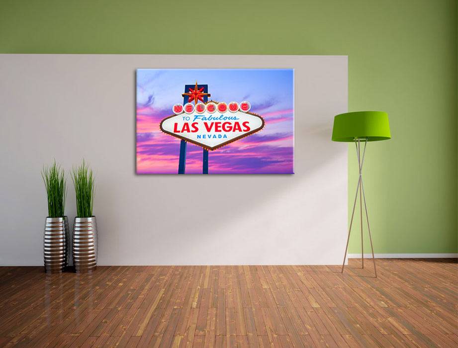 Pixxprint Las Vegas Ortsschild abends, Leinwandbild Fabrikpreis