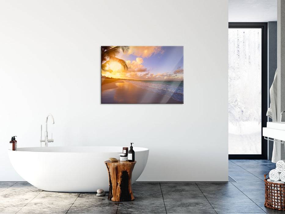 Pixxprint Strand bei Sonnenuntergang, Glasbild Preisnachlass