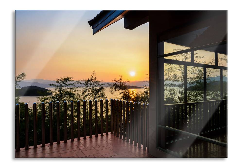 Pixxprint Haus am See bei Sonnenuntergang, Glasbild