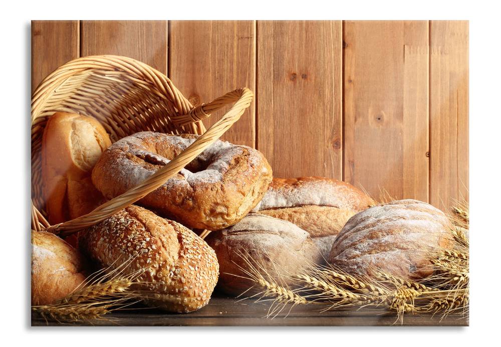 Pixxprint Korb mit leckerem frischen Brot, Glasbild Osterangebot