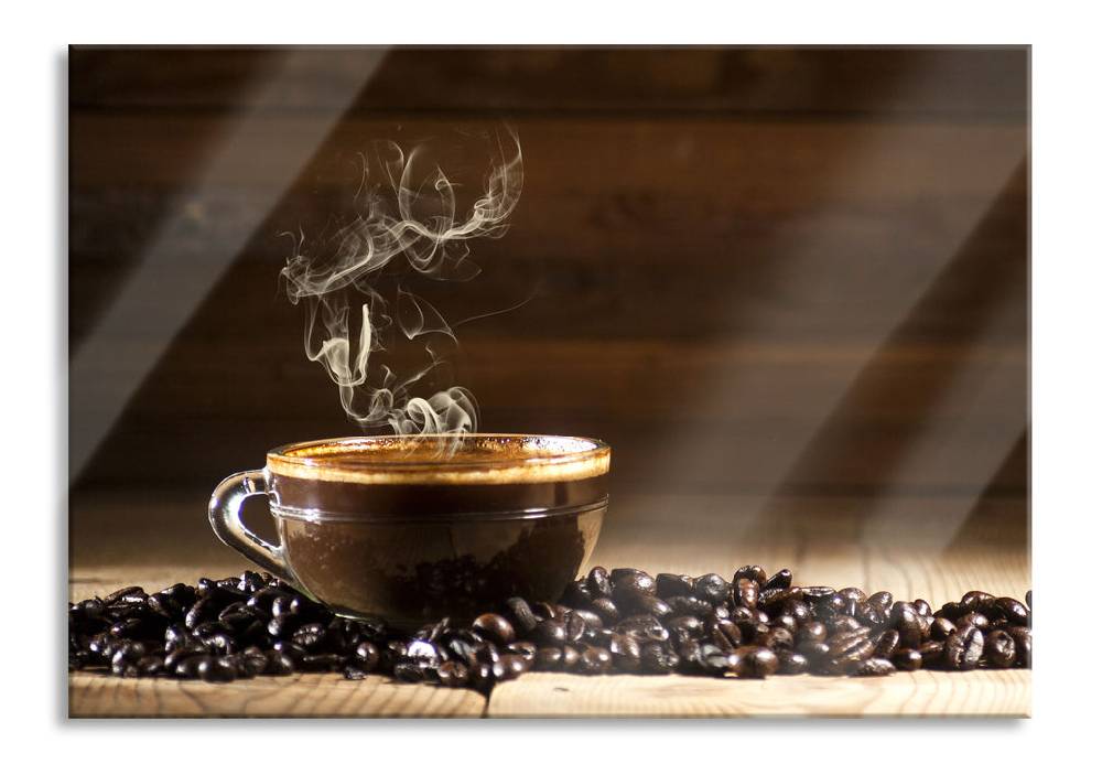 Pixxprint Kaffee zwischen Kaffeebohnen, Glasbild
