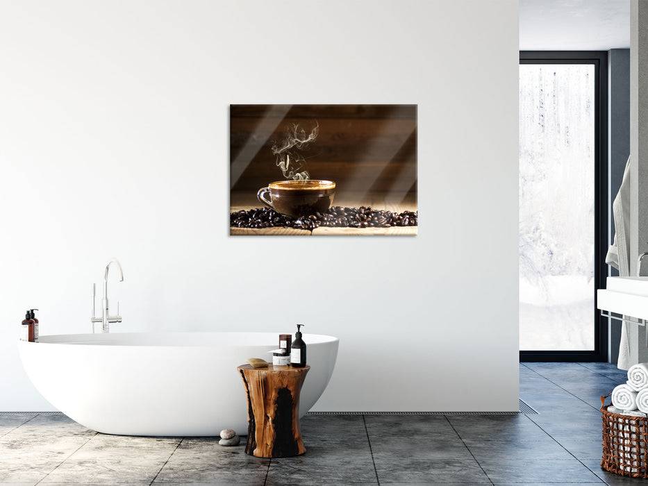 Pixxprint Kaffee zwischen Kaffeebohnen, Glasbild Neuheiten
