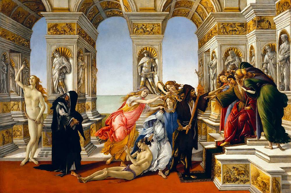 Pixxprint Sandro Botticelli - Die Verleumdung des Apelles , Glasbild Zeitbegrenzte Promotion