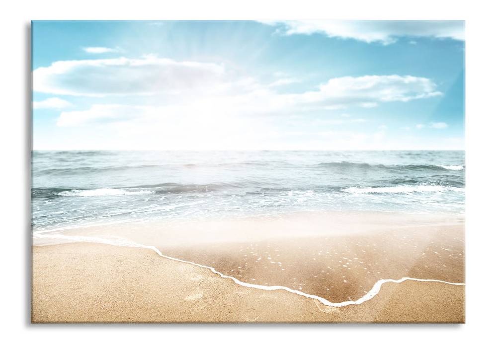 Pixxprint Wunderschöner weißer Sandstrand, Glasbild Discount Store für neue Produkte