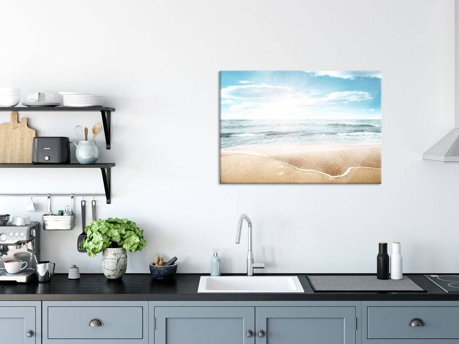 Pixxprint Wunderschöner weißer Sandstrand, Glasbild Discount Store für neue Produkte