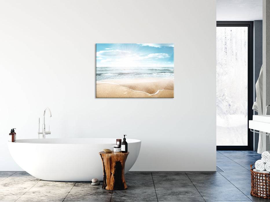 Pixxprint Wunderschöner weißer Sandstrand, Glasbild Discount Store für neue Produkte