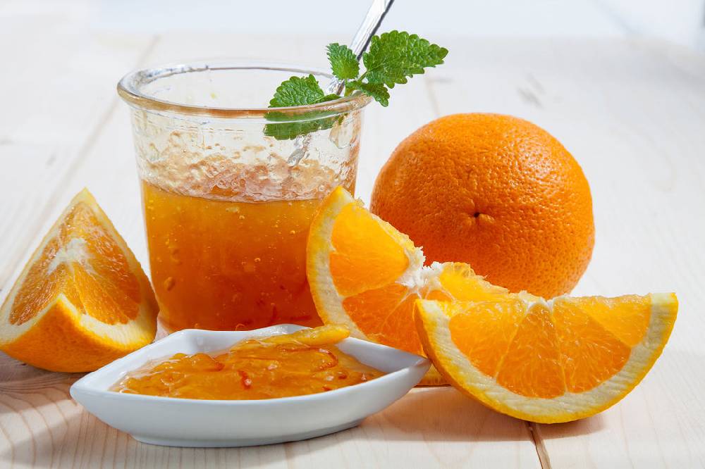 Pixxprint Frische Orangenmarmelade, Glasbild Riesige Rabatte