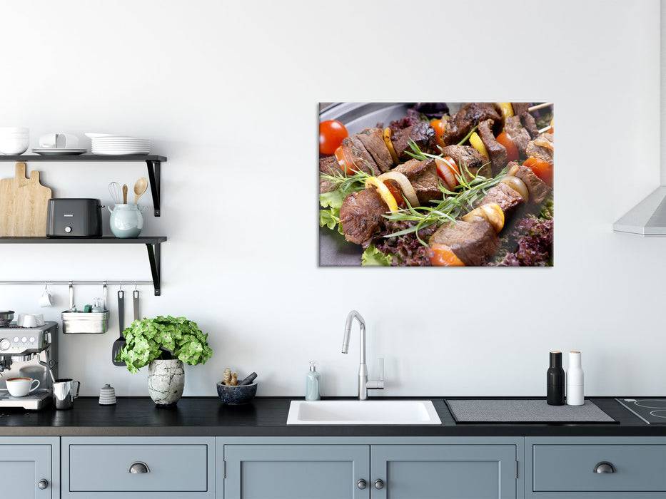 Pixxprint Leckerer Schaschlik Fleischspieß, Glasbild zollfrei