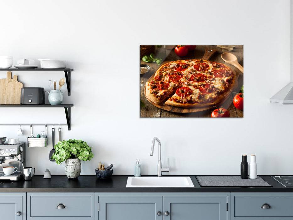 Pixxprint Pizza mit Salami und Tomaten, Glasbild Online